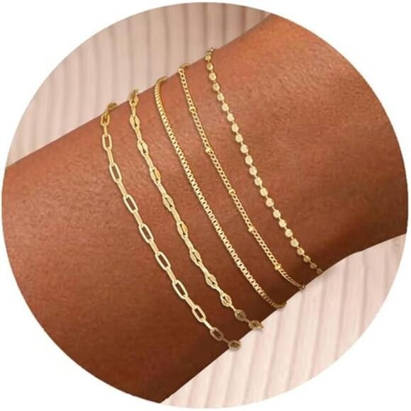 Gold Bracelets for Women, Trendy Adjustable 14K Gold Plated Stackable Link - Picture 7 of 7